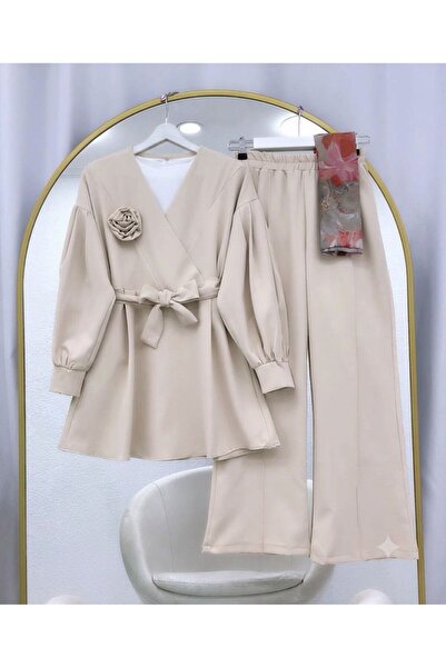VOLT CLOTHİNG Rose Detailed Two-Piece Suit with Trousers