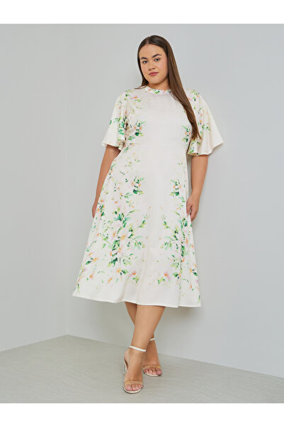 Styli Plus Size Floral Print Frill Sleeve Midi Dress