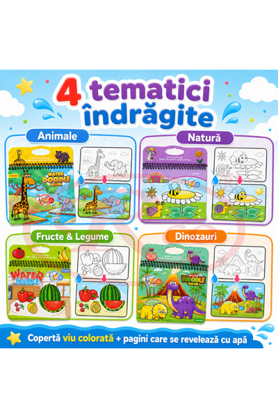 RCO Set 4 Carti de Colorat cu Apa, Reutilizabile, 4 Markere pe Baza de Apa, 4 Activitati Educative, 3+ Ani