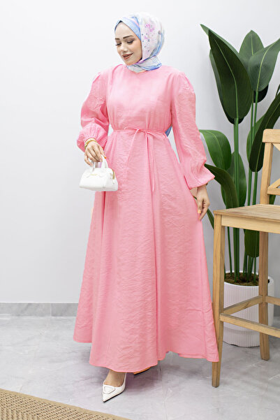 Tesettür Dünyası Lina Dress with Stitching and Lace Detail Tsd260223 Pink