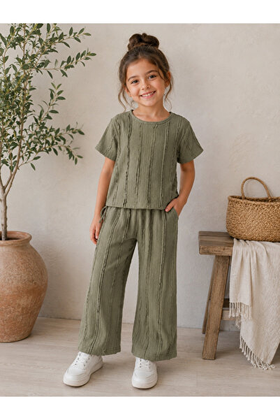 SANTRALBEBE Girl's Wrinkled Fabric Pants Set with Side Drawstrings