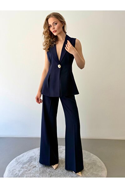 ossons Double-Breasted Lapel Collar Single Button Blazer Vest and Wide Leg Pa...