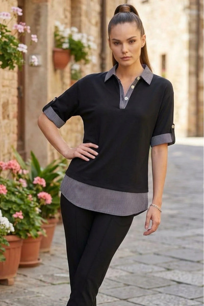 Ded COLLECTION Women's sleeve lapel striped shirt collar short sleeve blouse ...