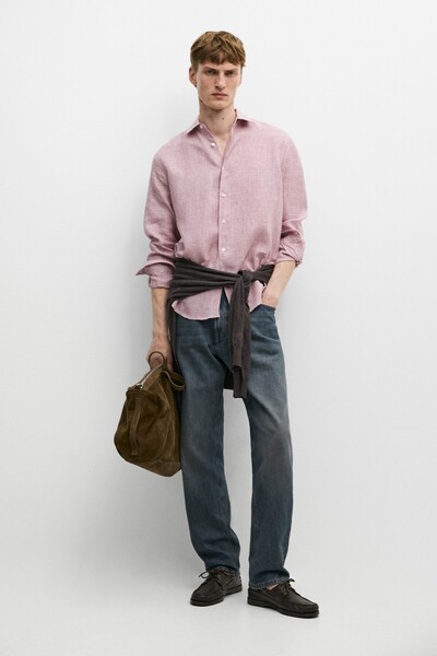 Massimo Dutti %100 keten regular fit mikro kareli gömlek