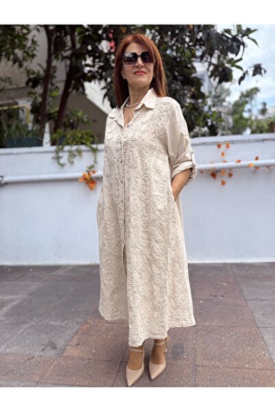 DenizEge Italian Embossed Embroidered Long Dress Beige