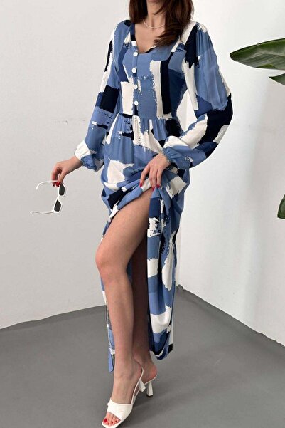 Elbee Fashion Woman Μπλε ΦΟΡΕΜΑ ΜΕ ΕΘΝΙΚΟ ΣΧΕΔΙΟ