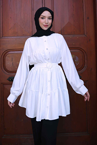 İmajButik White Layered Buttoned Belted Tunic