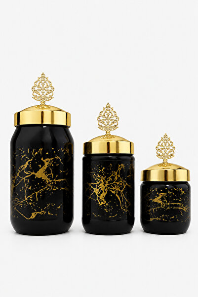 Sudedi Home Black Gold Glass 3-Piece Decorative Spice Jar Set Coffee Sugar Te...