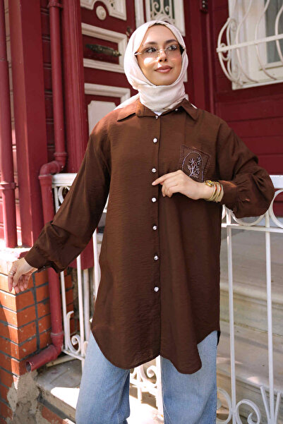 İmajButik Brown Buttoned Modal Shirt with Stone Detail