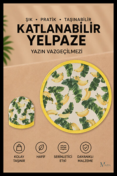 MAZEN Muz Yaprak Desen Katlanabilir Yuvarlak Yazlık Taşınabilir El Yelpazesi