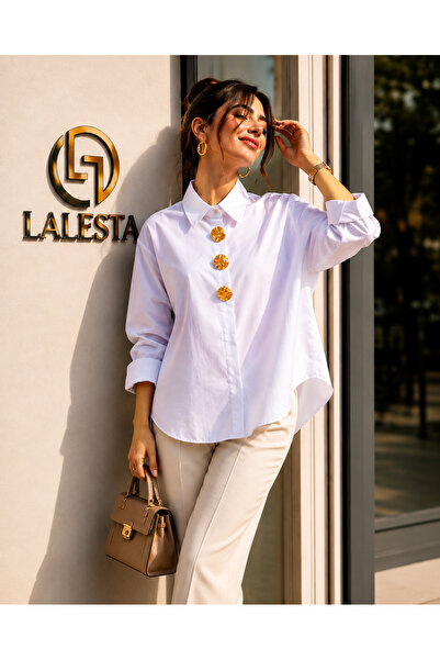 LALESTA Gold Düğme Detaylı Oversize Kadın Gömlek Beyaz