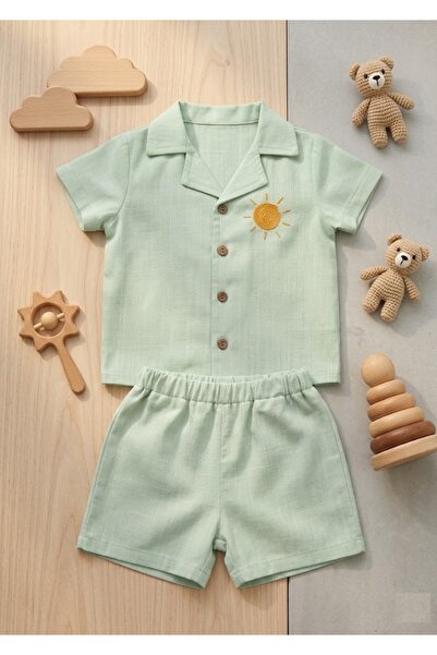 MUBA KIDS %100 Doğal Keten Güneş Nakışlı Erkek Bebek/Çocuk Yazlık Şortlu Alt ...
