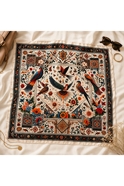 OUS Women's Ecru Black Authentic Bird Patterned 70X70 cm Satin Scarf, Square ...