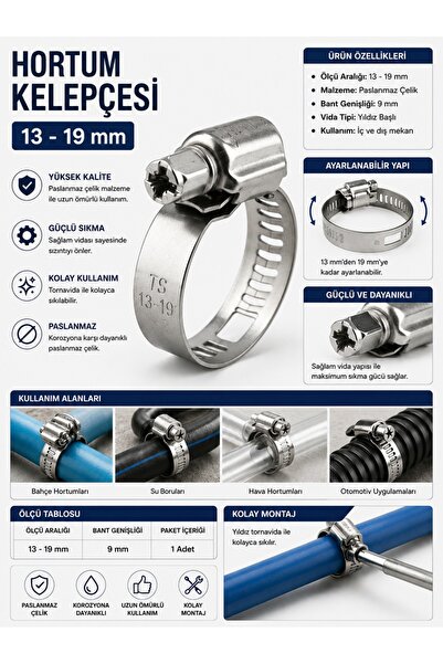Keyfi Sepet 13-19 mm Bahçe Hortumu Kelepçesi Paslanmaz Ayarlanabilir Metal Ho...