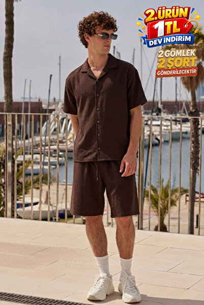 DAMGA JEANS Men's Premium Comfortable Shirt Jogger Linen Shorts Coffee Two-Pi...