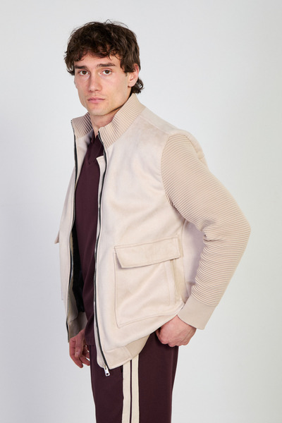 BARRELS AND OIL Men's Stand Collar Ribbed Sleeves Suede Coat - Stone
