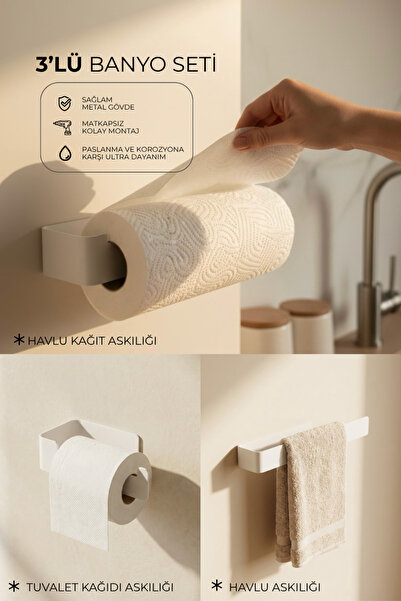 Form Design 3’lü Metal Banyo Seti, Yapışkanlı Tuvalet Kağıtlığı, Havlu Kâğıt ...