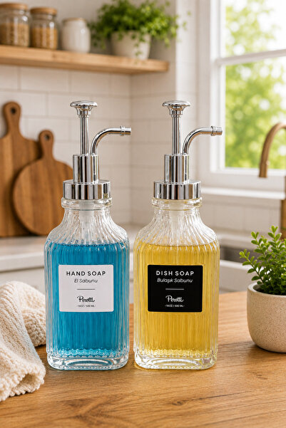 Karçiçeği Home Set of 2 Striped Glass Liquid Soap Dispensers 500 ml – Hand So...