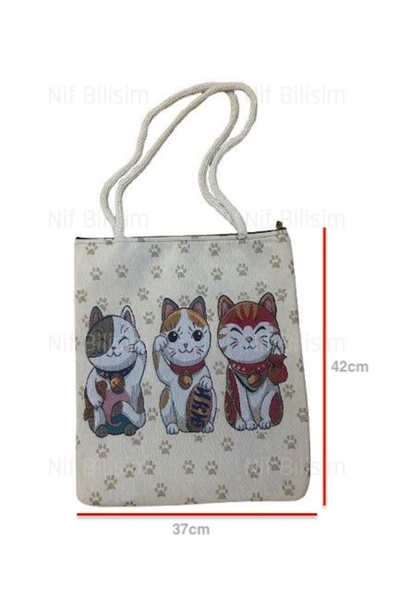 Nif Bilişim Cat Figured Beach Bag Colorful Printed Patterned Fabric Large Size Stylish Sea Picnic Bag Shoulder Fabric Bag with Zipper Interior Pocket