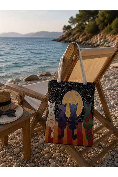 Nif Bilişim Cat Figured Beach Bag Colorful Printed Patterned Fabric Large Siz...
