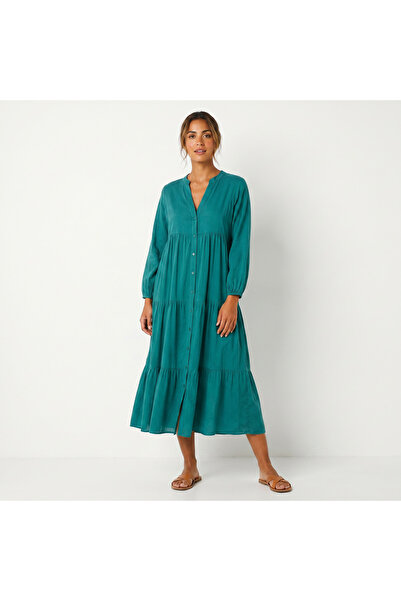 Şeker Portakalım Buttoned Front Long Sleeve Bohemian Viscose Dress Green