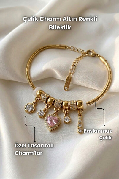 Elifsu Jewelry Steel Charm Gold Color Bracelet