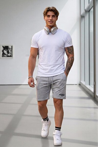 CAST COLLECTİON Men's White T-Shirt with Hook Print and Black Shorts Set