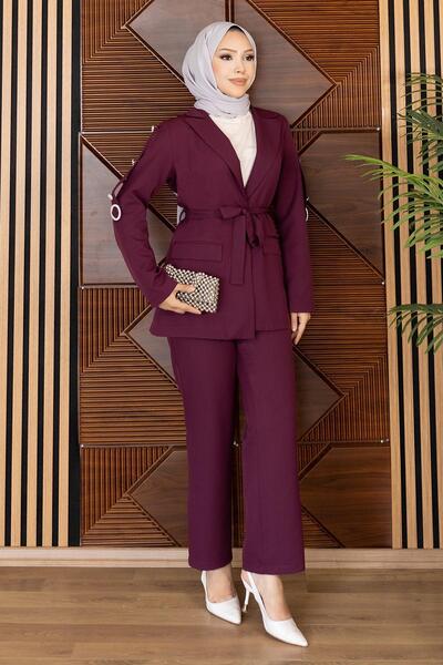 Modamihram Double-Breasted Collar Button Detailed Suit Plum 19297