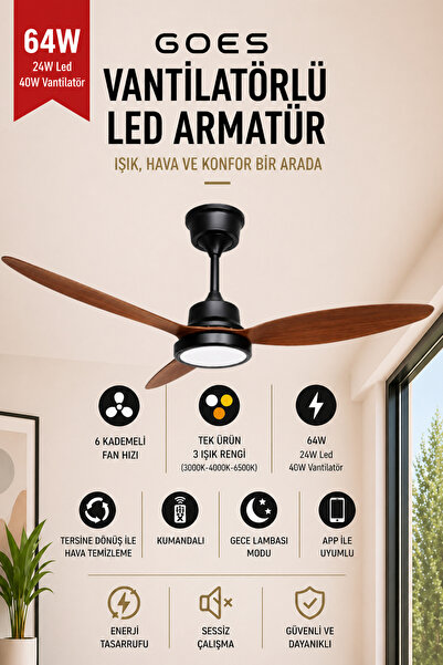 Goes Büyük Boy Tavan Vantilatörü LED Avize 132CM 65 Watt 6 Kademeli Kumandalı...