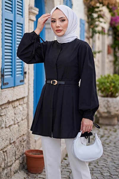 hafsamina Tunic with Tie Sleeves and Belt Black Hm2920