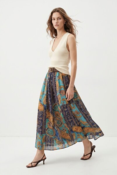 Rays Blue Elastic Waist Belted Shawl Pattern Chiffon Flowing Maxi Skirt 2901
