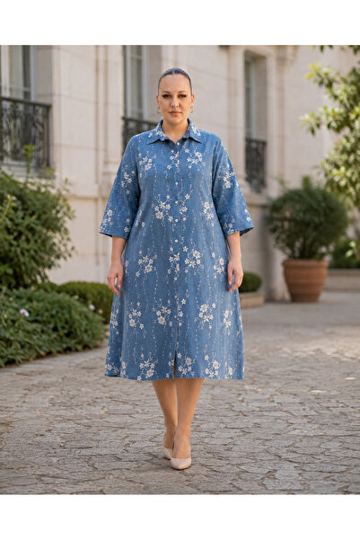 DARKWIN Plus Size Floral Print Shirt Collar Buttoned Capri Sleeve Above Knee ...
