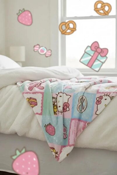 HELLO KITY Sanrio Lisanslı Hello Kitty Desenli Battaniye – Kareli Yumuşacık K...