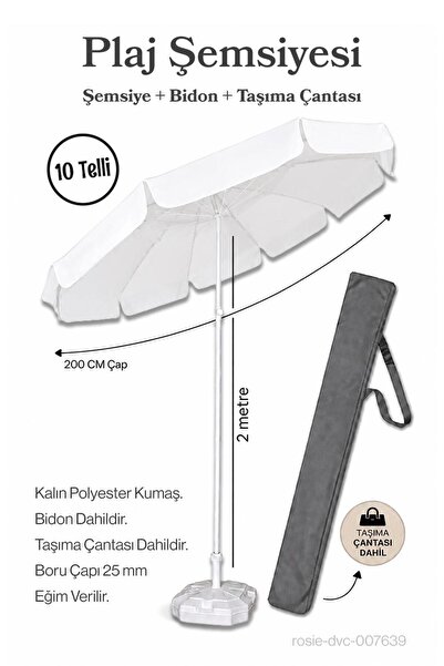 Düvenci Beyaz Plaj Şemsiyesi 200 cm Çap / 10 Telli + Bidon + Taşıma Çantası D...
