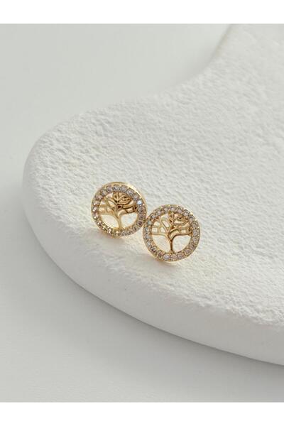 POKAK CMJ 14K Altın Kaplama Kararmaz Hayat Ağacı Luna Circle Zirkon Küpe - 11 mm