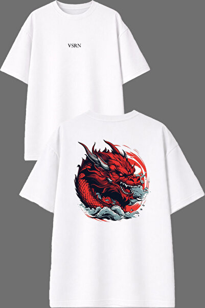 VSRN Red Dragon Design Front and Back Printed White Oversize T-Shirt
