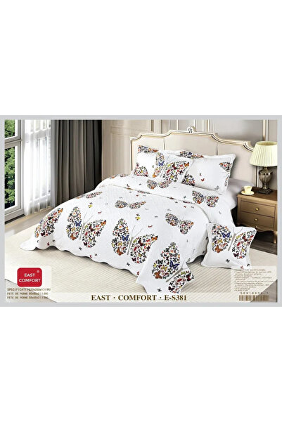 East Comfort Set de husă de pilotă matlasată din bumbac, 5 piese, Alb cu flut...
