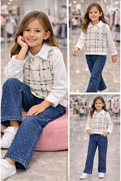 Generic Brand 5/10 Years Old Children's Set with Stoned Jeans and Vest