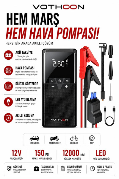 ARNEER 12000 Mah Akıllı Akü Takviye Ve Dijital Hava Pompası Akım Korumalı