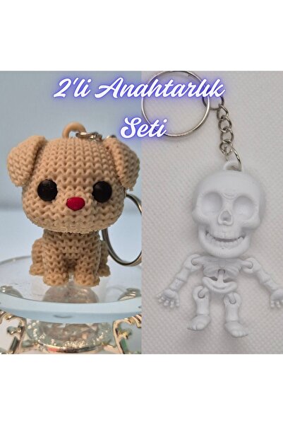 3DAtölyeMaker Cream Knitted Patterned Dog and White Flexible Dolphin Keychain