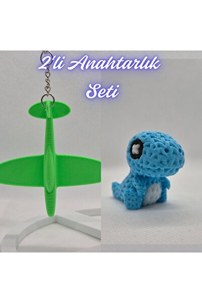 3DAtölyeMaker Green Airplane and Light Blue Knitted Pattern Moving Dino Keychain