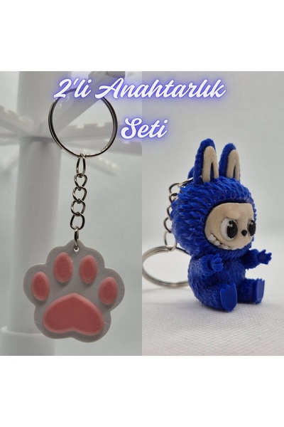 3DAtölyeMaker Light Pink Cat Paw and Blue Labubu Keychain