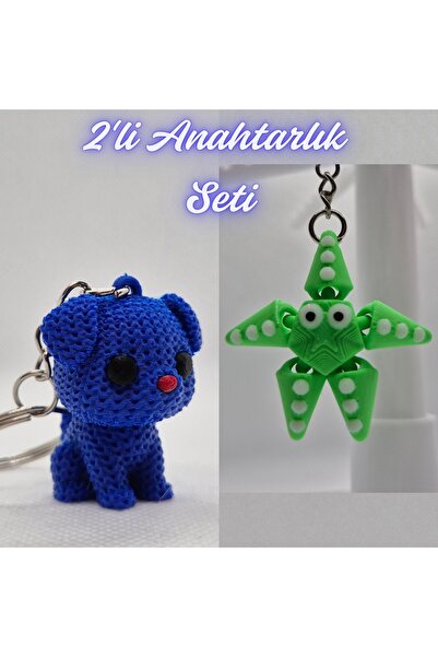 3DAtölyeMaker Blue Knitted Patterned Dog and Green Moving Starfish Keychain
