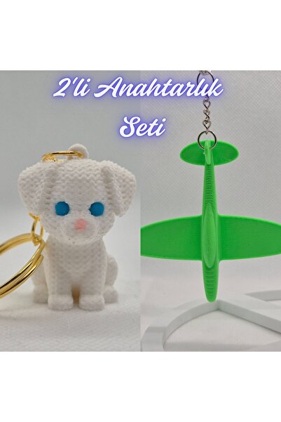 3DAtölyeMaker White Knitted Pattern Dog-2 and Green Airplane Keychain