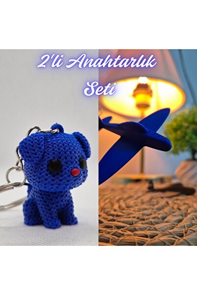 3DAtölyeMaker Blue Knitted Patterned Dog and Blue Airplane Keychain