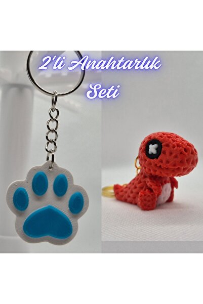 3DAtölyeMaker Light Blue Cat Paw and Red Knitted Pattern Moving Dino Keychain