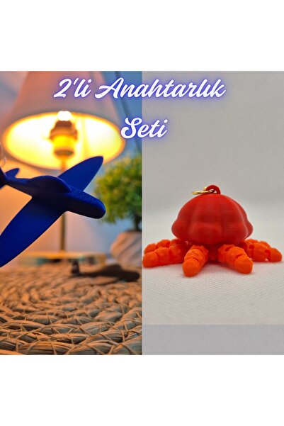 3DAtölyeMaker Blue Airplane and Orange Moving Jellyfish Keychain