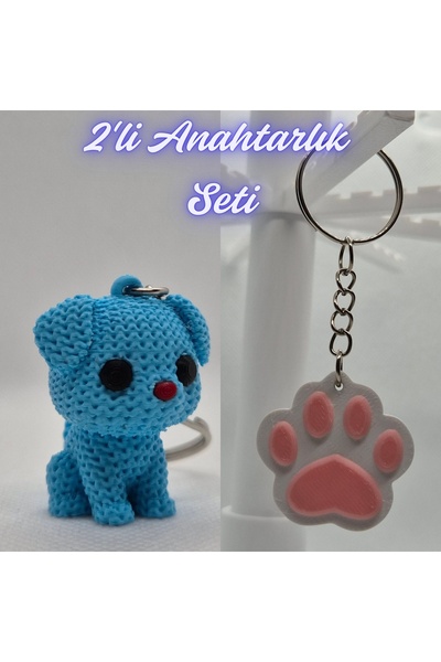 3DAtölyeMaker Light Blue Knitted Patterned Dog and Light Pink Cat Paw Keychain