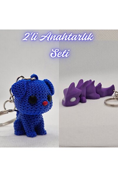 3DAtölyeMaker Blue Knitted Patterned Dog and Purple Flexible Dragon Keychain