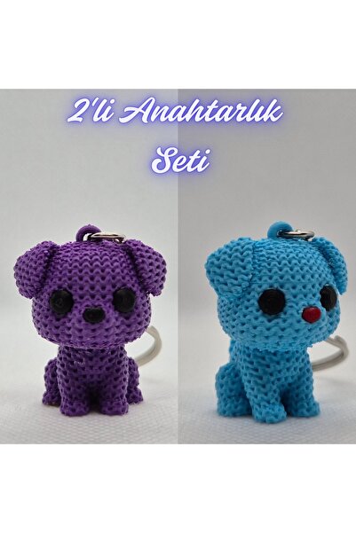 3DAtölyeMaker Purple Knitted Patterned Dog Keychain and Light Blue Knitted Pa...